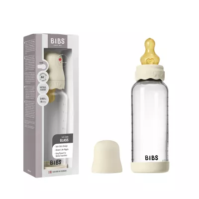 BIBS - Set complet biberon Boheme din sticla anticolici cu tetina din latex, flux mediu, 240 ml, Ivory