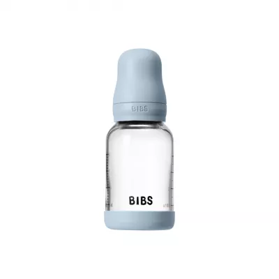 BIBS - Set complet biberon din sticla anticolici cu tetina din latex, flux lent, 120 ml, Baby Blue