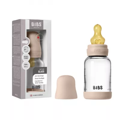 BIBS - Set complet biberon din sticla anticolici cu tetina din latex, flux lent, 120 ml, Blush