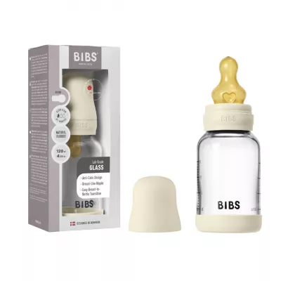 BIBS - Set complet biberon din sticla anticolici cu tetina din latex, flux lent, 120 ml, Ivory