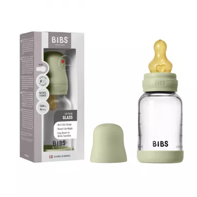 BIBS - Set complet biberon din sticla anticolici cu tetina din latex, flux lent, 120 ml, Sage