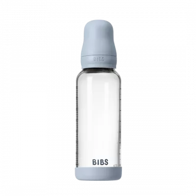 BIBS - Set complet biberon din sticla anticolici cu tetina din latex, flux mediu, 240 ml, Baby Blue