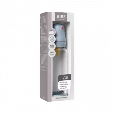 BIBS - Set complet biberon din sticla anticolici cu tetina din latex, flux mediu, 240 ml, Baby Blue