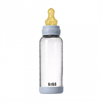 BIBS - Set complet biberon din sticla anticolici cu tetina din latex, flux mediu, 240 ml, Baby Blue