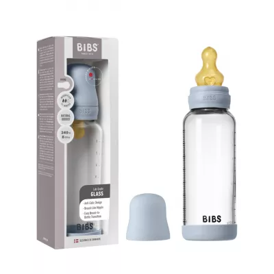 BIBS - Set complet biberon din sticla anticolici cu tetina din latex, flux mediu, 240 ml, Baby Blue