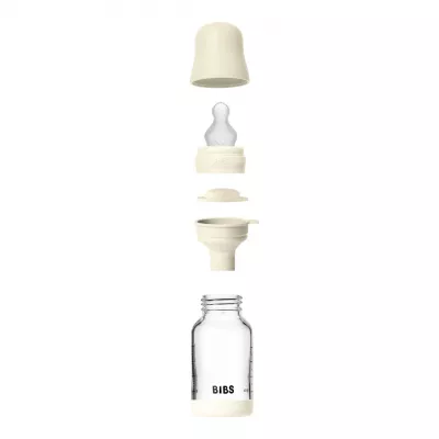 BIBS - Set complet biberon din sticla anticolici cu tetina din silicon flux lent, 120 ml, Ivory