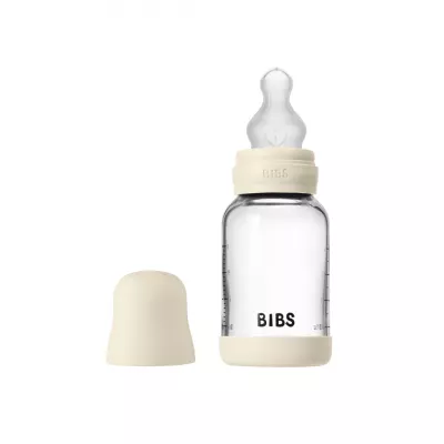 BIBS - Set complet biberon din sticla anticolici cu tetina din silicon flux lent, 120 ml, Ivory