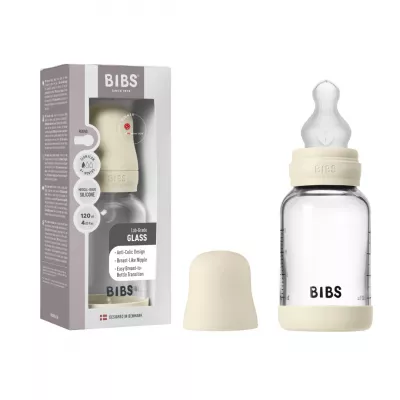 BIBS - Set complet biberon din sticla anticolici cu tetina din silicon flux lent, 120 ml, Ivory