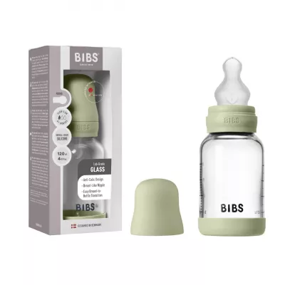 BIBS - Set complet biberon din sticla anticolici cu tetina din silicon flux lent, 120 ml, Sage