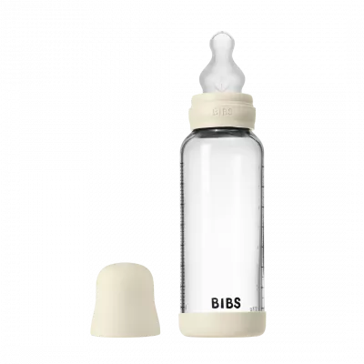 BIBS - Set complet biberon din sticla anticolici cu tetina din silicon, flux mediu, 240 ml, Ivory