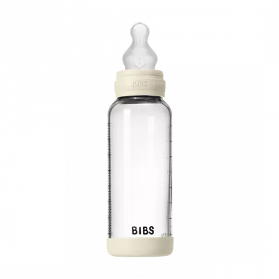 BIBS - Set complet biberon din sticla anticolici cu tetina din silicon, flux mediu, 240 ml, Ivory