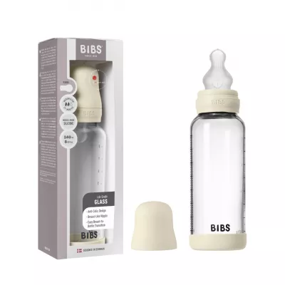BIBS - Set complet biberon din sticla anticolici cu tetina din silicon, flux mediu, 240 ml, Ivory
