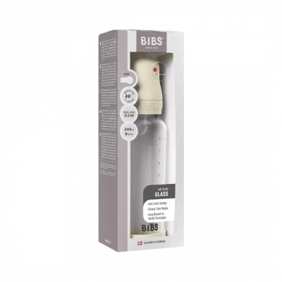 BIBS - Set complet biberon din sticla anticolici cu tetina din silicon, flux mediu, 240 ml, Ivory