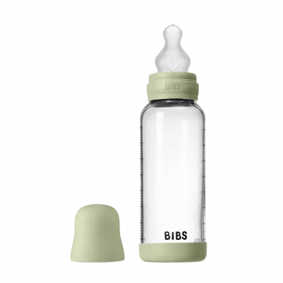 BIBS - Set complet biberon din sticla anticolici cu tetina din silicon, flux mediu, 240 ml, Sage