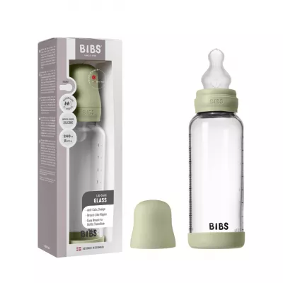 BIBS - Set complet biberon din sticla anticolici cu tetina din silicon, flux mediu, 240 ml, Sage