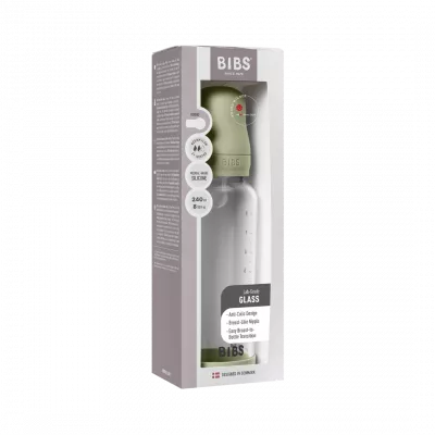 BIBS - Set complet biberon din sticla anticolici cu tetina din silicon, flux mediu, 240 ml, Sage