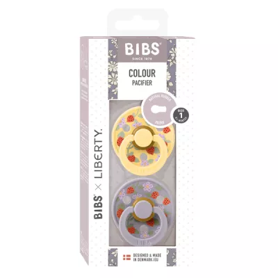 BIBS x LIBERTY - Set 2 suzete Colour Strawberries and Cream Latex, tetina rotunda, 0 luni+-Pale Butter/Fossil Grey