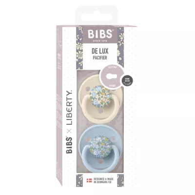 BIBS x LIBERTY - Set 2 suzete De Lux Eloise Silicon, tetina rotunda, marime universala-Baby Blue/Ivory