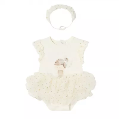 Body tutu din bumbac sustenabil Off-white cu bentita pentru nou-nascut - Mayoral 