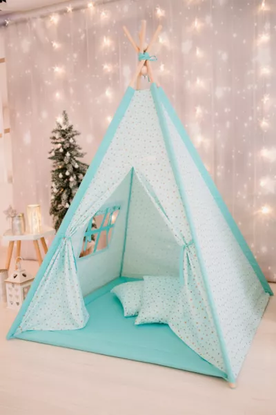 Cort de joaca - Gold Stars Teepee - Mint - Maradalia Kids