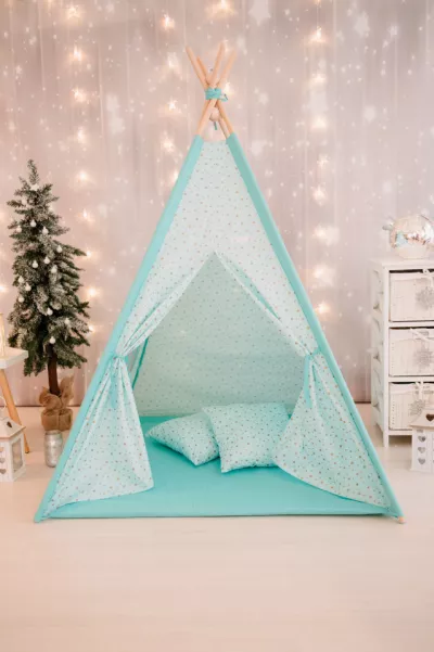 Cort de joaca - Gold Stars Teepee - Mint - Maradalia Kids