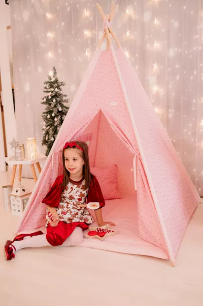 Cort de joaca - Gold Stars Teepee - Pink - Maradalia Kids