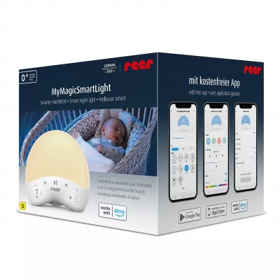 Lampa de veghe inteligenta cu 25 de sunete, multicolora, comunicare prin Wi-Fi cu smartphone, temporizator, Reer MyMagic SmartLight 52470