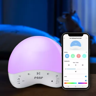 Lampa de veghe inteligenta cu 25 de sunete, multicolora, comunicare prin Wi-Fi cu smartphone, temporizator, Reer MyMagic SmartLight 52470