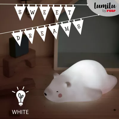 Lampa de veghe si veioza cu LED, lumina reglabila si oprire cronometrata, forma urs polar, alba, Lumilu Lazy Friends Bear, Reer 52230