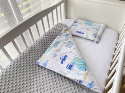 Lenjerie de pat pentru copii - Grey Bubbles Blue Car - Maradalia Kids