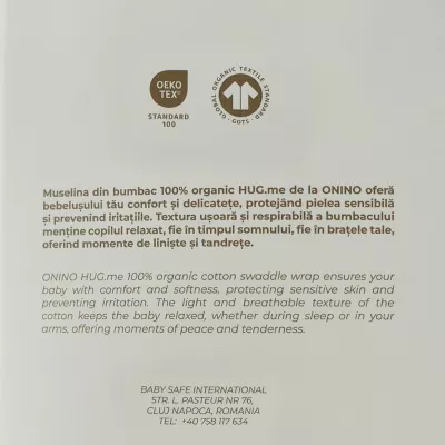 ONINO - Muselina multifunctionala din bumbac 100% organic, HUG.me, Creamy Vanilla, x1 bucata, 120 x 120 cm, certificata GOTS