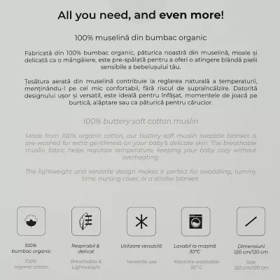 ONINO - Muselina multifunctionala din bumbac 100% organic, SNUGGLE.me, Pure Life, x1 bucata, 120 x 120 cm, certificata GOTS