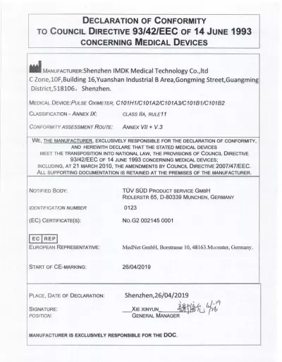 Pulsoximetru digital, Certificat Medical