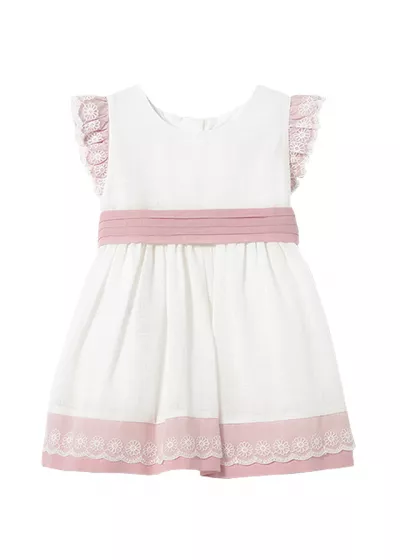 Rochie cu volane si cordon - alb / roz - Mayoral 3 ani