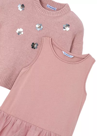 Rochie tricot cu tul si pulover - roz - Mayoral 8 ani