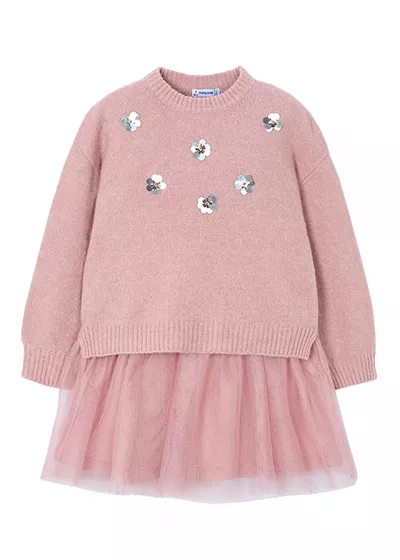 Rochie tricot cu tul si pulover - roz - Mayoral 9 ani