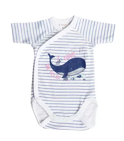 Set 2 body uri cu maneca scurta alb/albastru Balena 0 luni