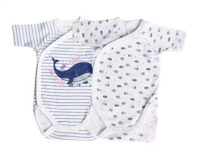 Set 2 body uri cu maneca scurta alb/albastru Balena 1 luna