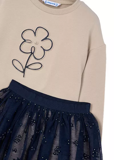 Set 2 piese - Bluza + Fusta tul - bej / bleumarin - Mayoral 7 ani