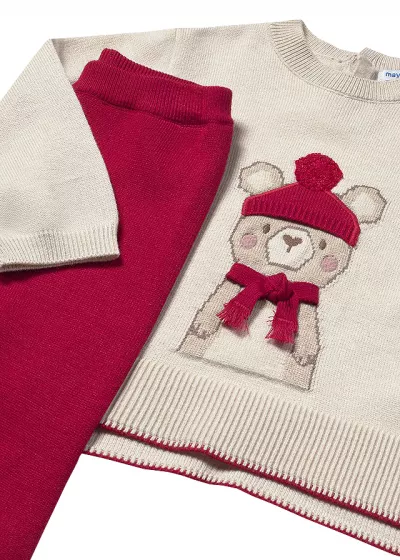 Set 2 piese - Pulover + pantaloni tricotati - bej/rosu - Mayoral   3 ani