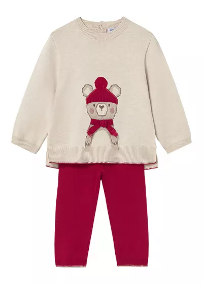 Set 2 piese - Pulover + pantaloni tricotati - bej/rosu - Mayoral   4 ani
