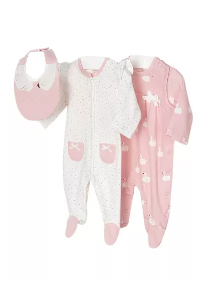 Set 2 salopete (pijamale) ECOFRIENDS - lebede / buline + bavetica - Mayoral 