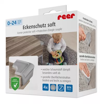 Set 4 protectii de colturi din spuma poliuretan, cu banda adeziva 3M, rezistenta la muscaturi, gri, Reer 82031