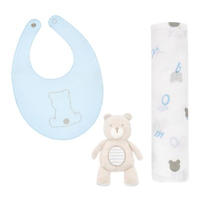 Set cadou - muselina, bavetica si ursulet - bleu - Mayoral