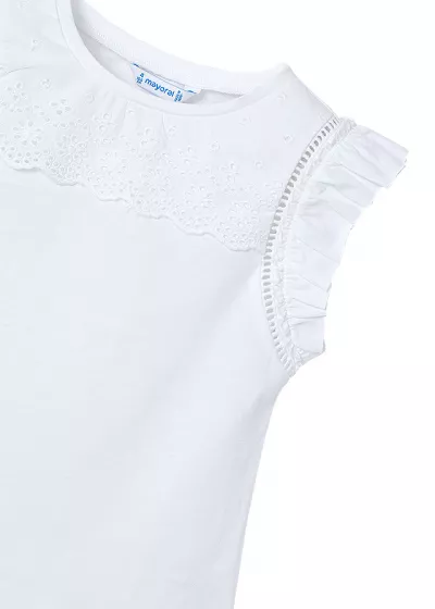 Tricou fara maneci cu perforatii si volane - alb - Mayoral 8 ani