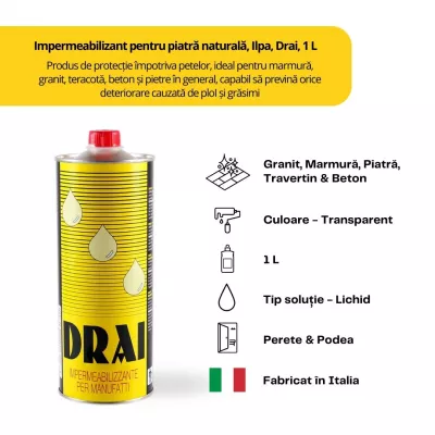 Impermeabilizant efect uscat - Impermeabilizant pentru piatra naturala, marmura, travertin, granit, caramida si beton, Ilpa, Drai, 1 L, stoneproof.ro