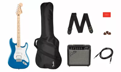 Seturi chitare electrice cu amplificator si accesorii - Set chitara Squier Affinity Strat HSS LPB cu Fender Frontman 15G, guitarshop.ro
