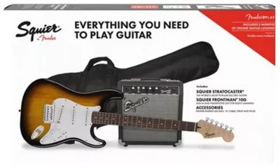 Seturi chitare electrice cu amplificator si accesorii - Set chitara Squier Affinity Stratocaster cu Frontman 10G (Culoare: 2-Color Sunburst), guitarshop.ro