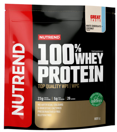 Whey & Izolat - 100% Whey Protein 800g Nutrend Proteină premium din zer Ciocolata Alba Cocos, advancednutrition.ro