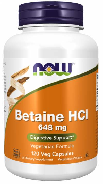 Sistemul Digestiv & Imunitar - Betaine HCL 648mg - 120 Capsule NOW, advancednutrition.ro
